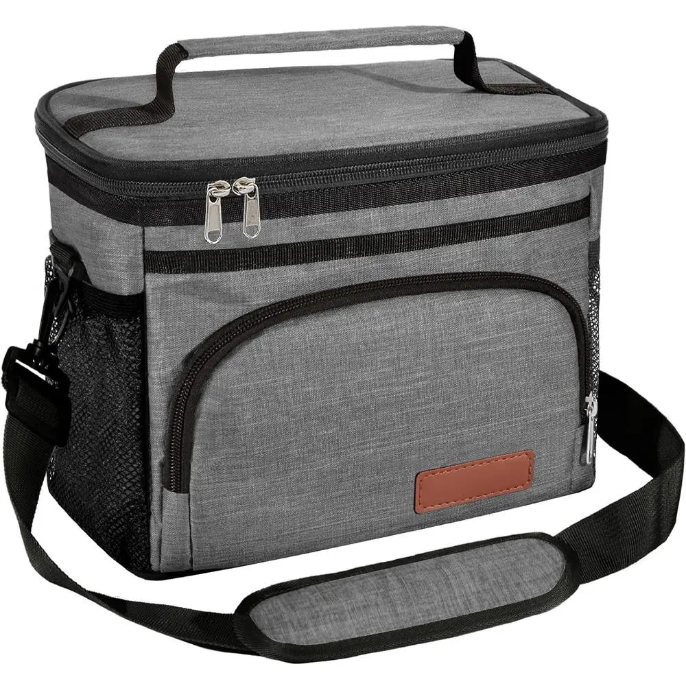 Custom gray insulated lunch cooler bag with shoulder strap