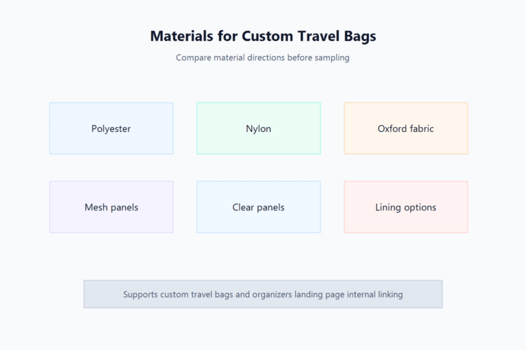 Material options for custom travel bags and organizer products.