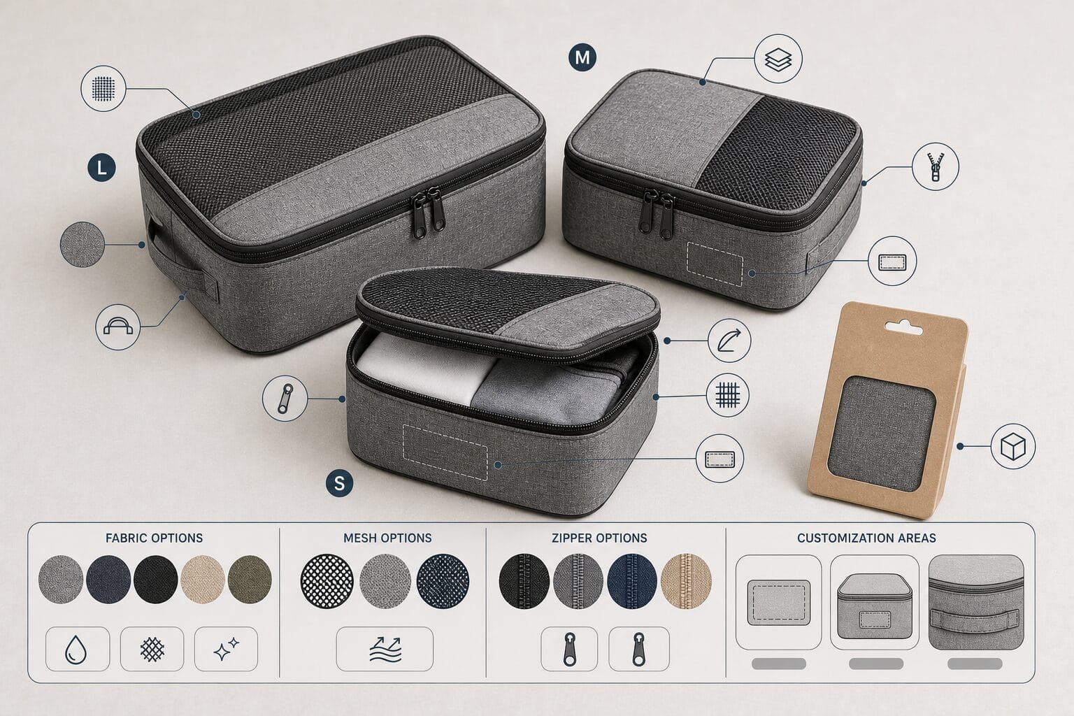 Custom packing cube structure and OEM customization options.