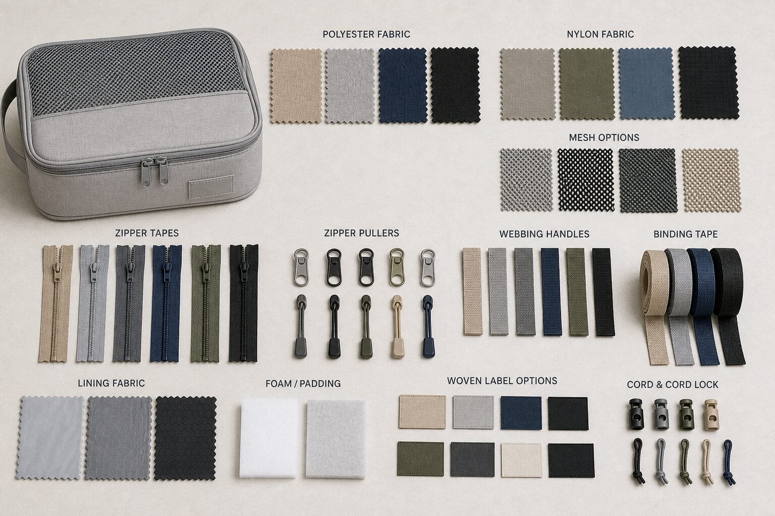 Packing cube fabric, mesh, zipper, and handle material options for wholesale buyers.