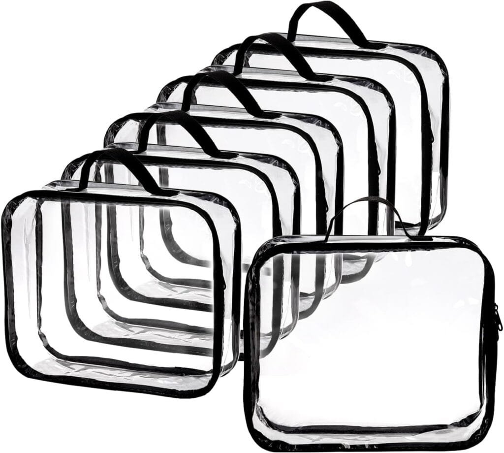Clear PVC storage bags with black handles for visible home organization