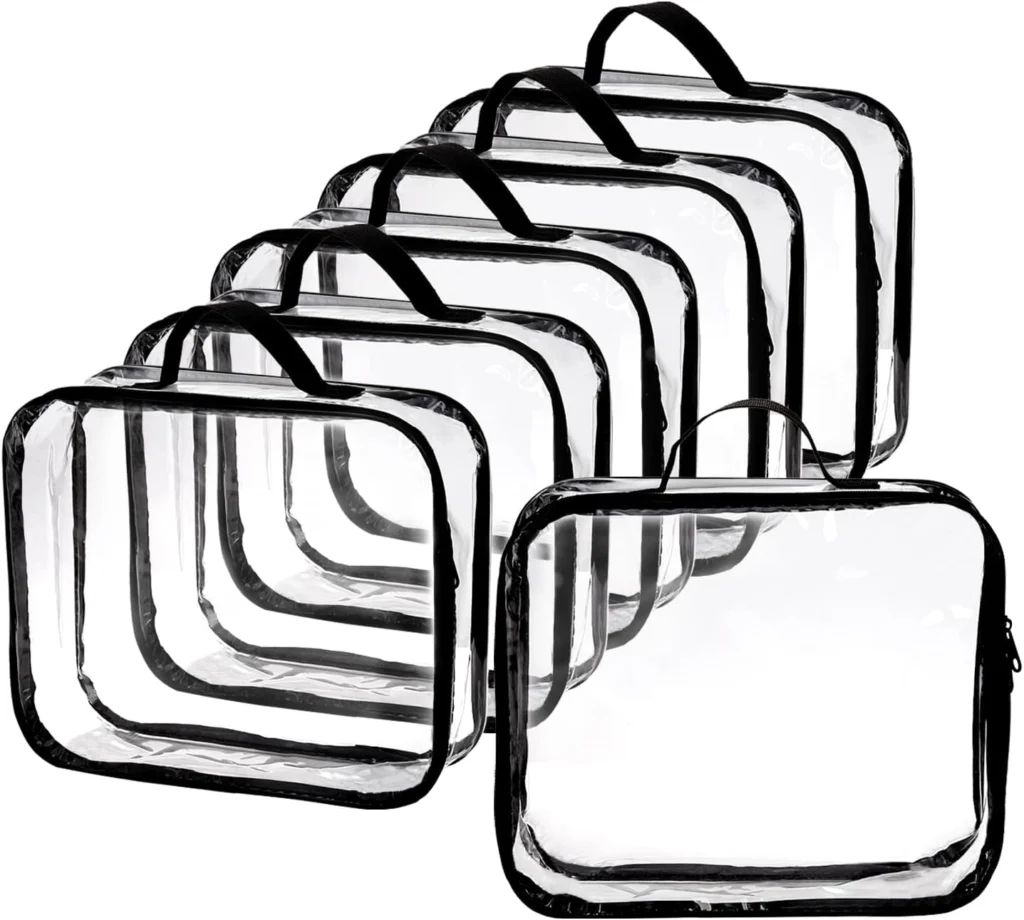 Clear PVC storage bags with black handles for visible home organization