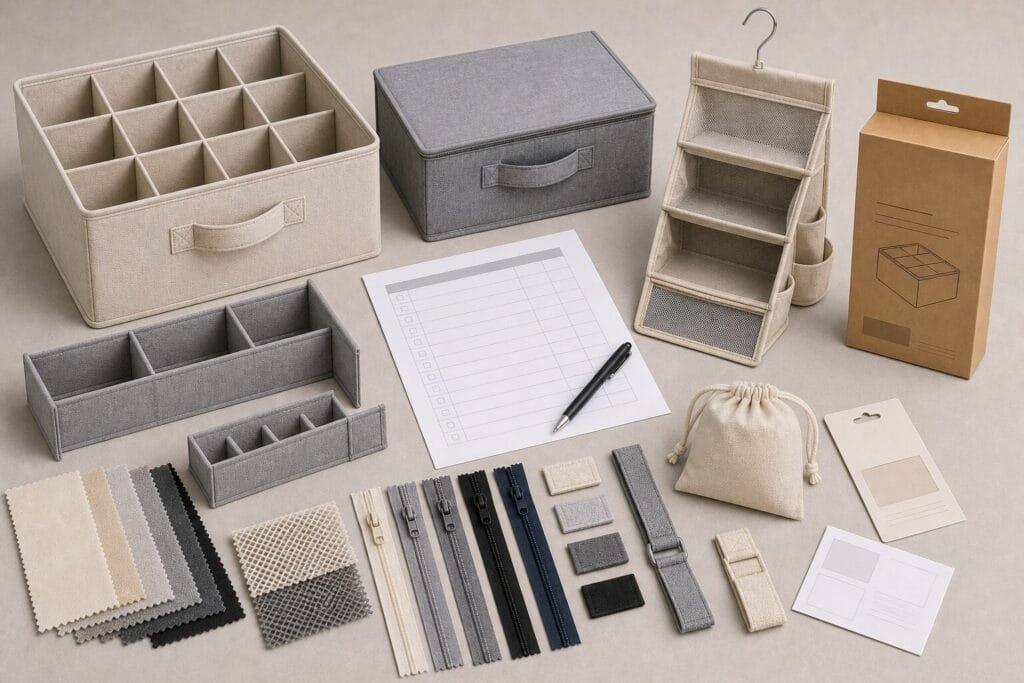 Custom closet organizer manufacturer evaluation checklist with material and structure samples.
