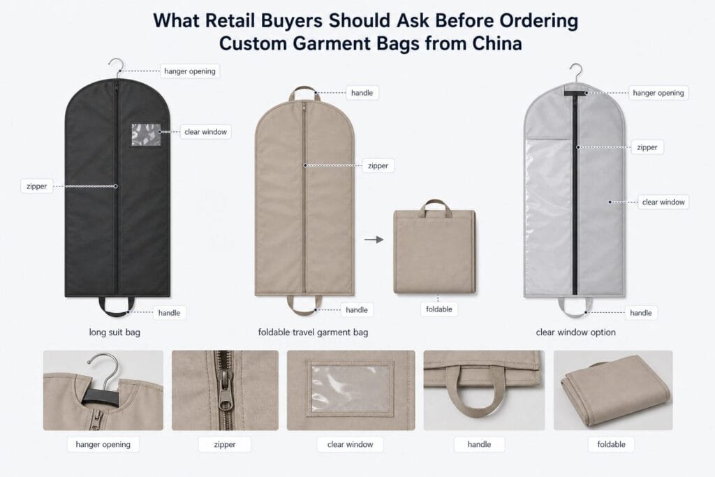 Custom garment bag structure options with zipper, handle and hanger opening.