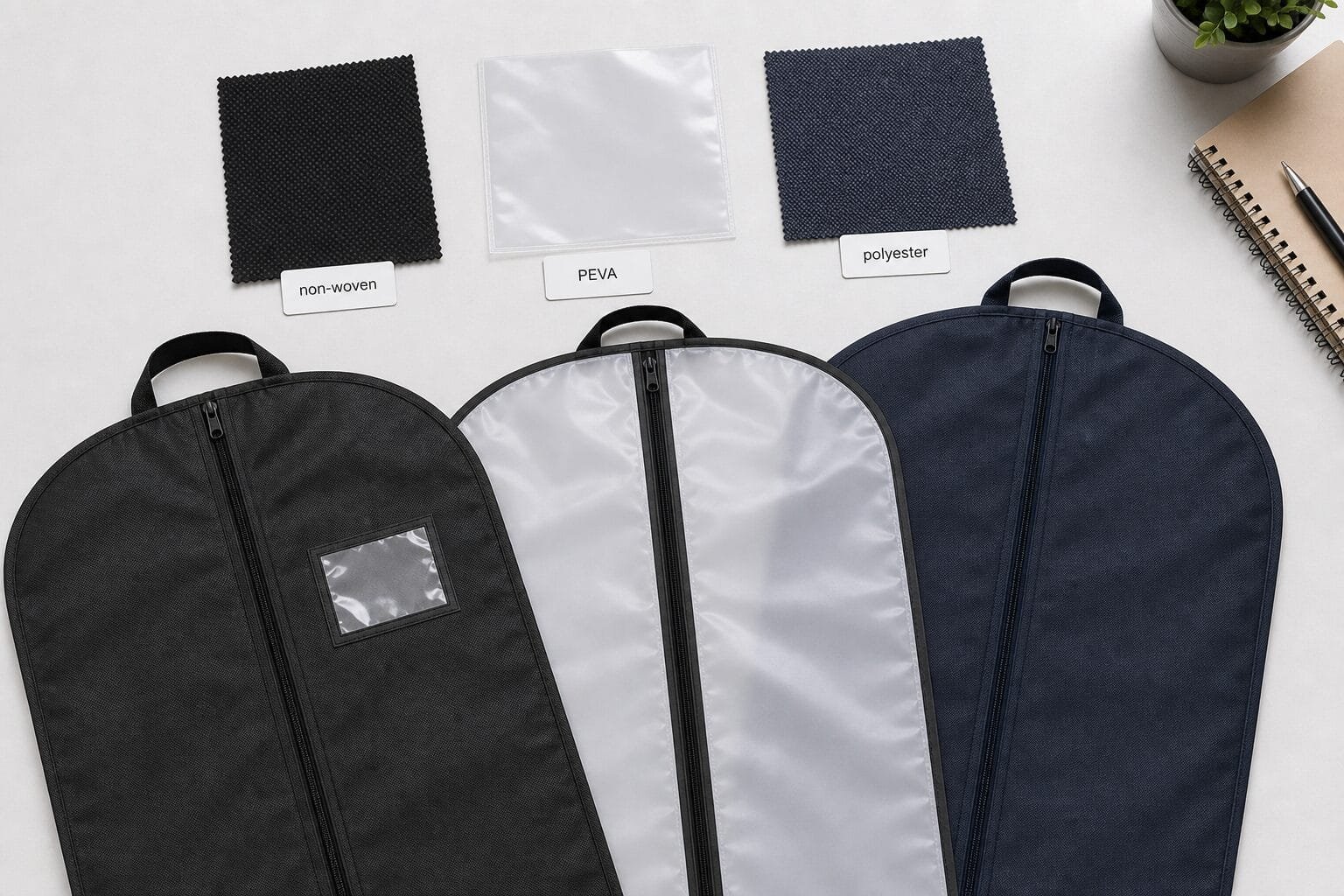 Material options for custom garment bags from China.