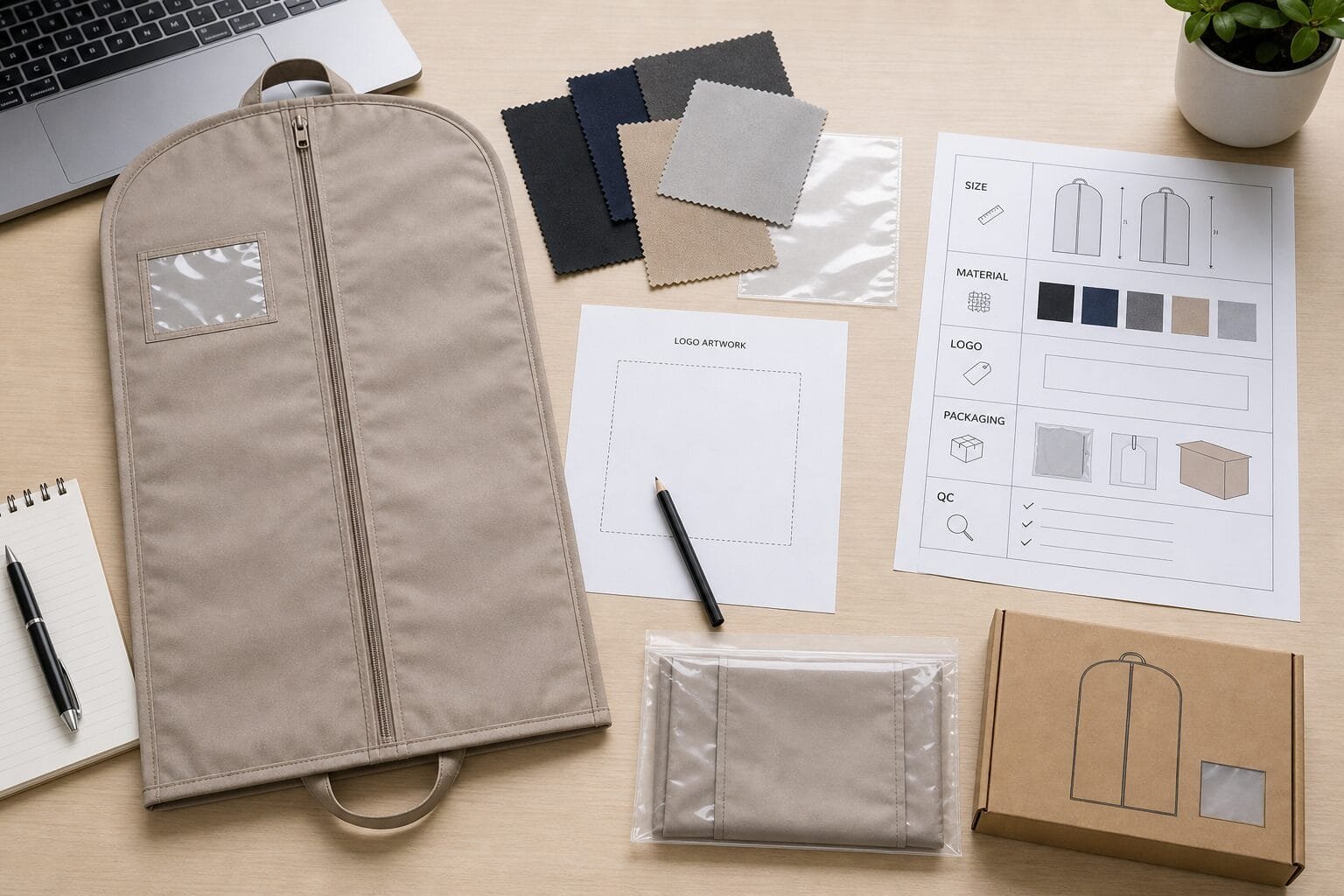Retail buyer preparing specifications for custom garment bag RFQ.