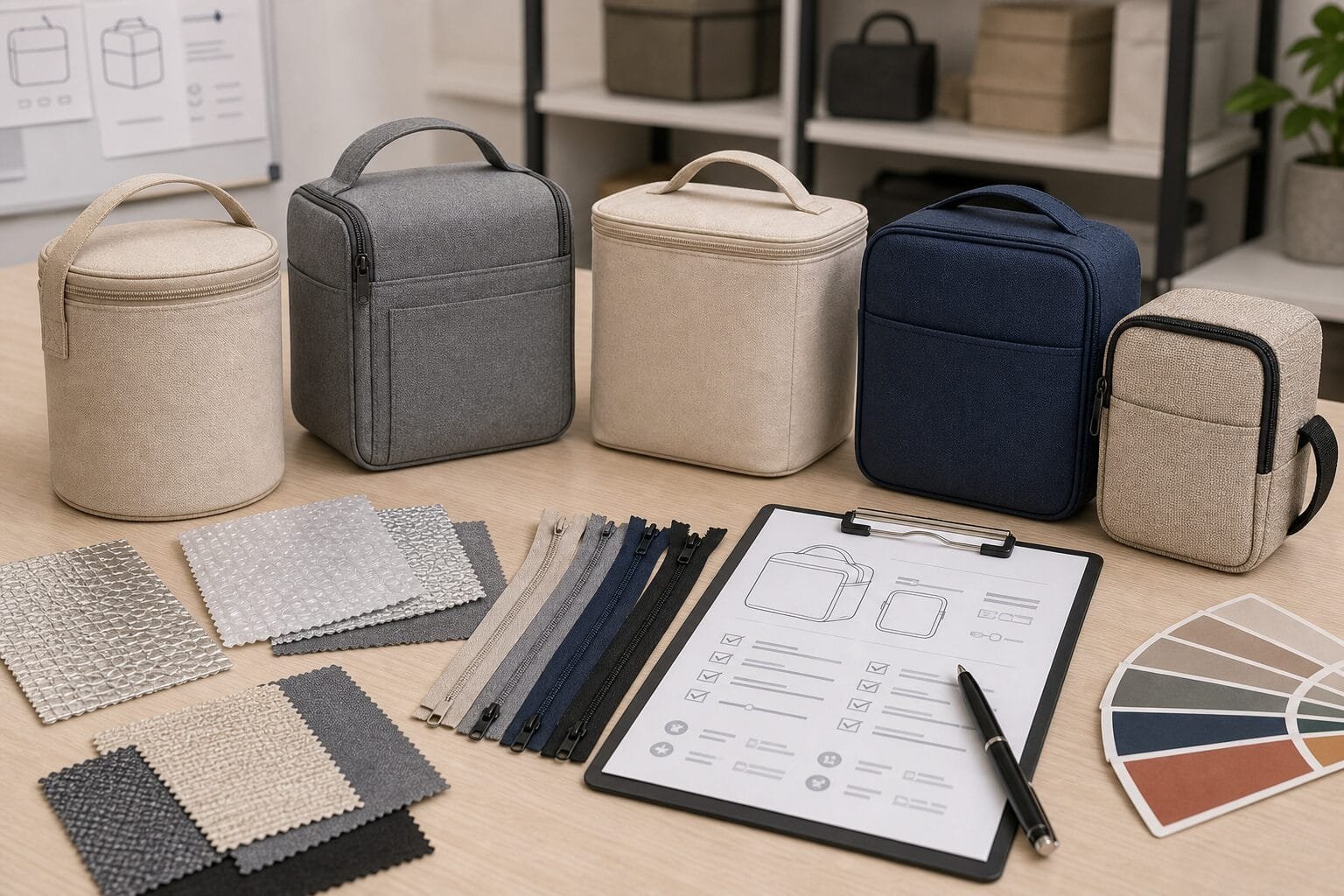Custom lunch bag samples and material swatches for OEM supplier selection.