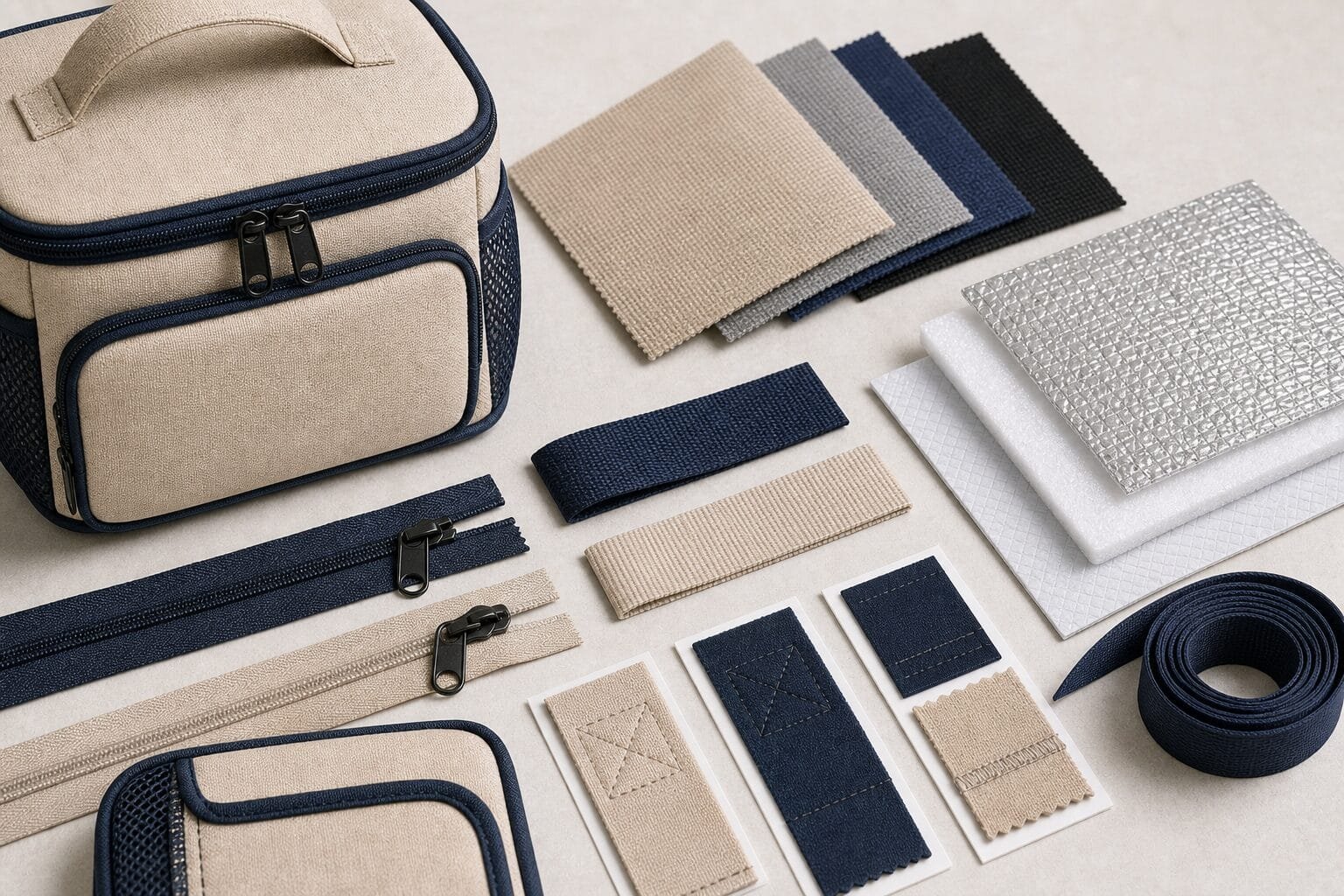 Lunch bag material lining zipper and stitching details for buyer review.