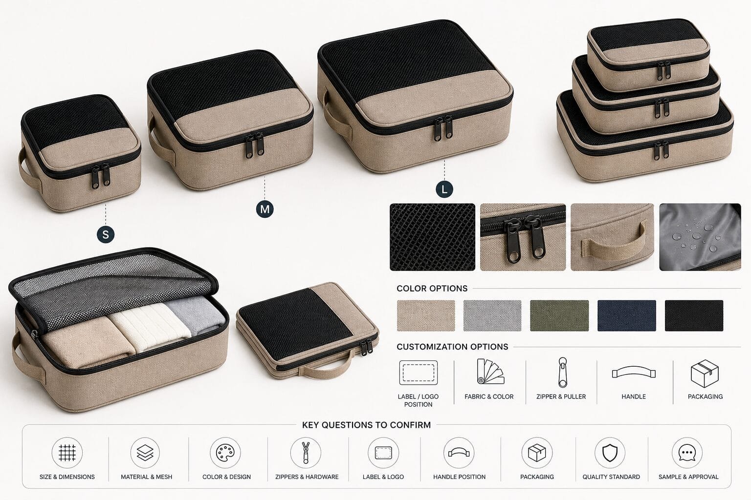 Custom packing cube set with different sizes, mesh panels, zippers, and handles for travel brand sourcing.