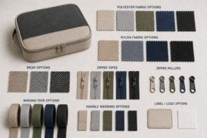 Packing cube material, mesh, zipper, binding, and handle components for buyer comparison.