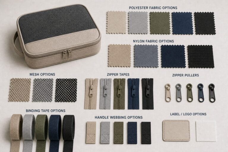 Packing cube material, mesh, zipper, binding, and handle components for buyer comparison.