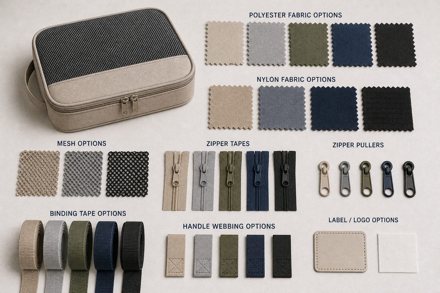 Packing cube material, mesh, zipper, binding, and handle components for buyer comparison.