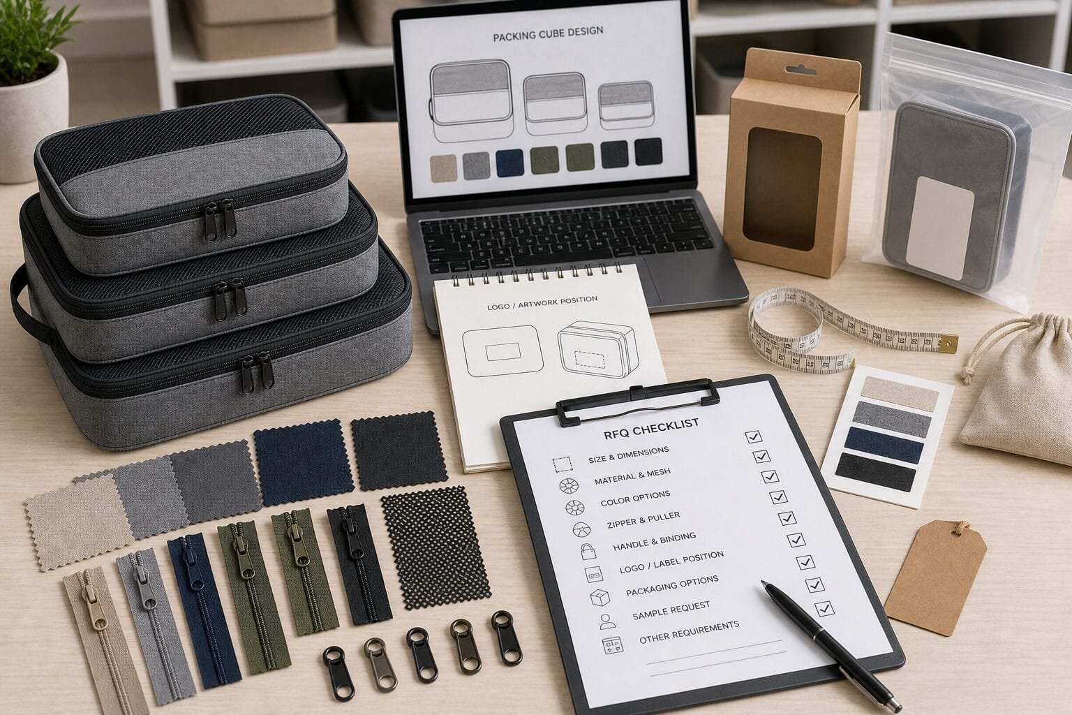 Buyer RFQ preparation materials for custom packing cubes from China.