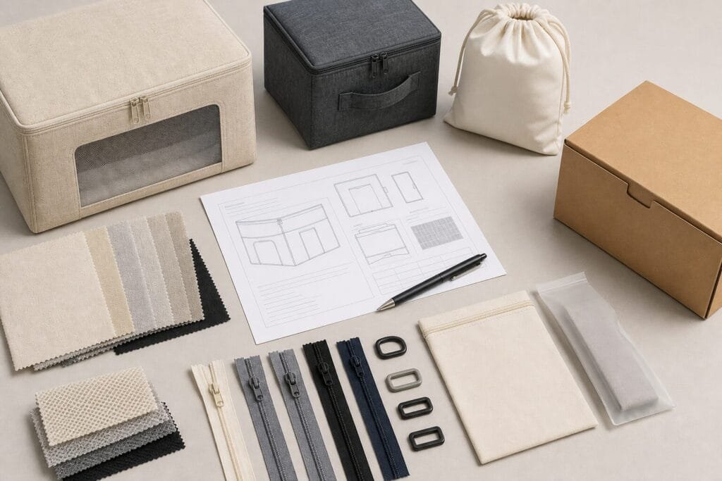 Custom storage bag manufacturer evaluation checklist with material and packaging samples.