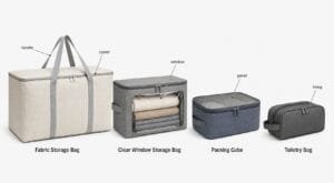 Custom storage bag structure options with zipper handle window and lining details.