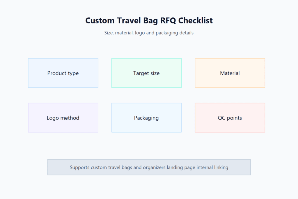 Custom travel bag RFQ checklist covering size, material, logo and packaging.