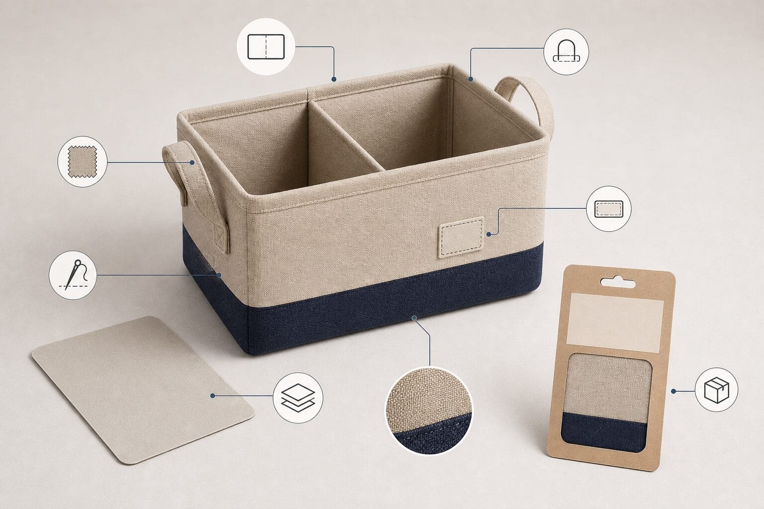 Custom storage basket material structure and branding options.