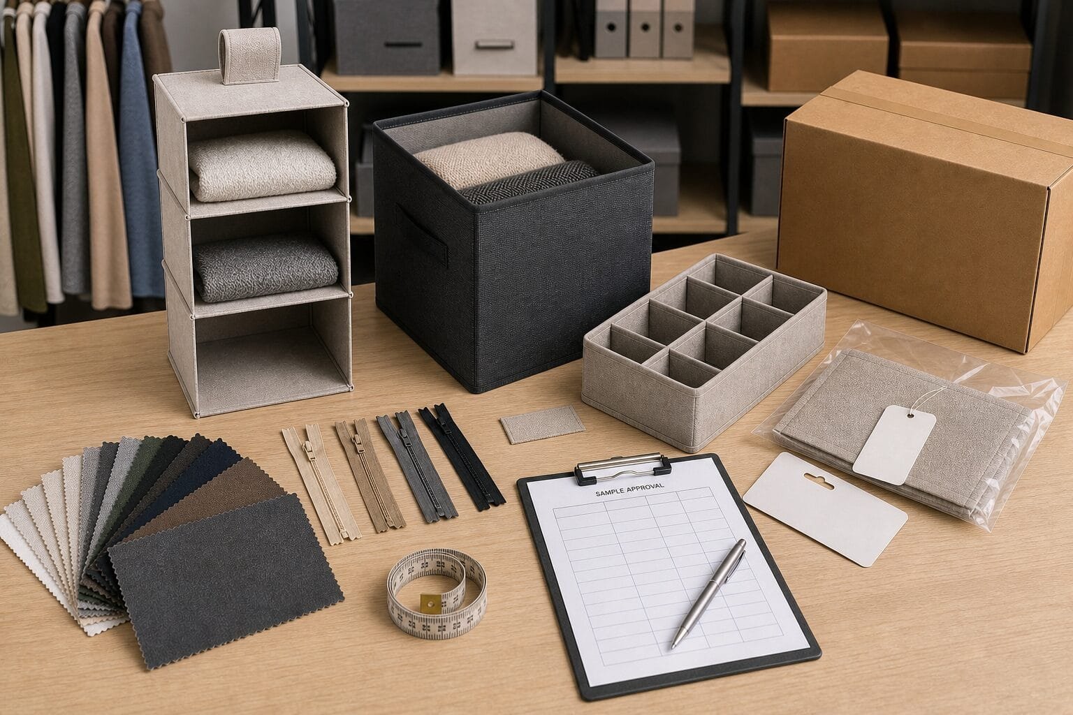 Sample approval and packaging planning for OEM ODM closet organizers.