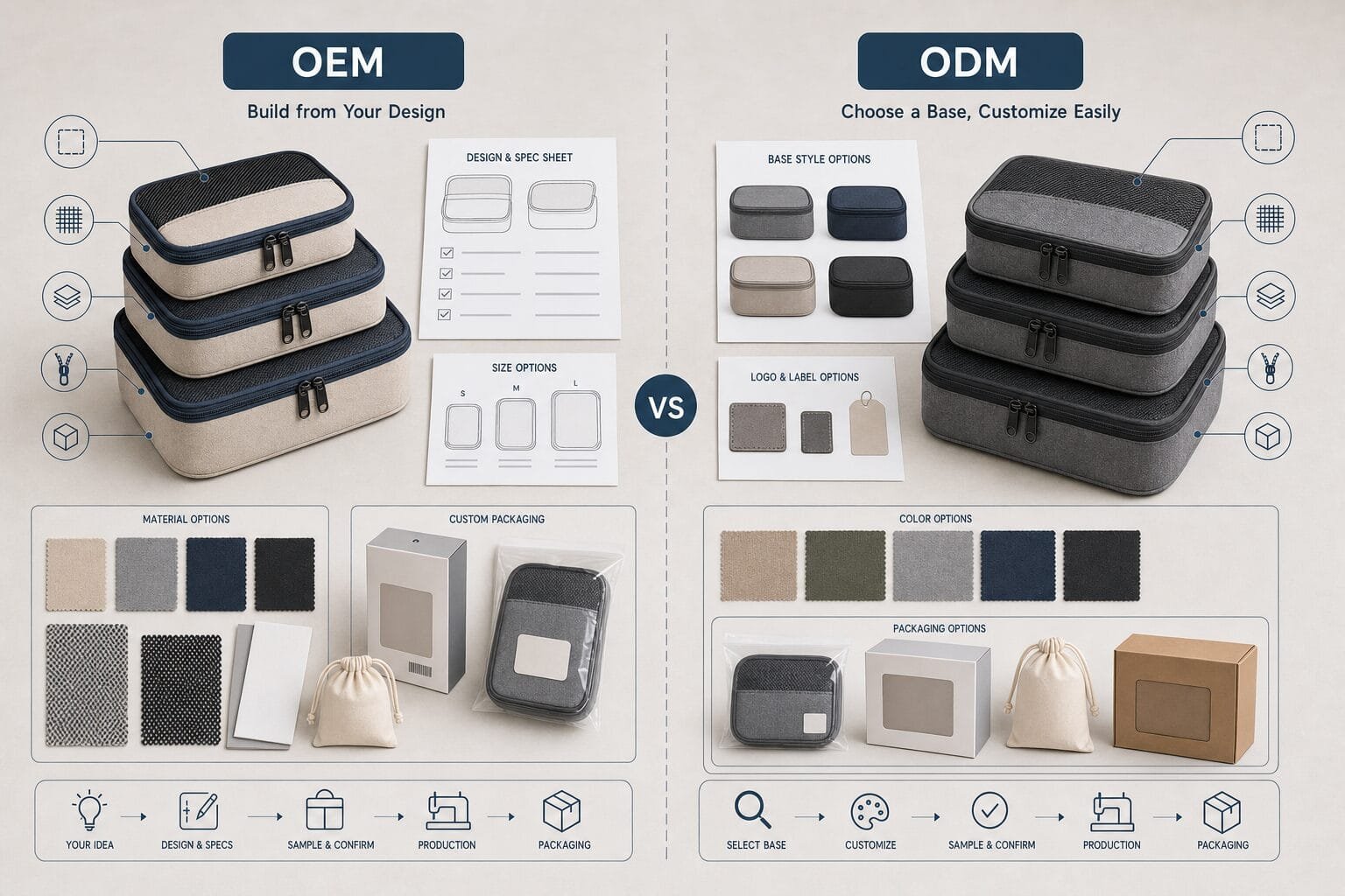 OEM vs ODM packing cube customization routes for private label buyers.