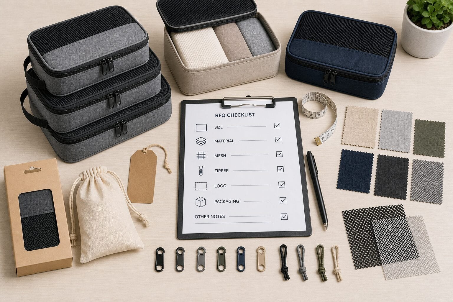 Custom packing cube RFQ checklist with material, size, logo, and packaging details.