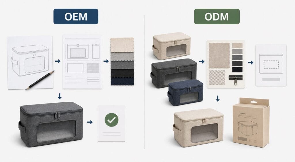 OEM and ODM storage bag development route comparison for sourcing buyers.