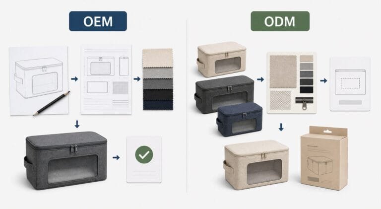 OEM and ODM storage bag development route comparison for sourcing buyers.