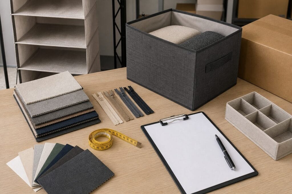 Wholesale closet organizers sourcing checklist with material and packaging samples.