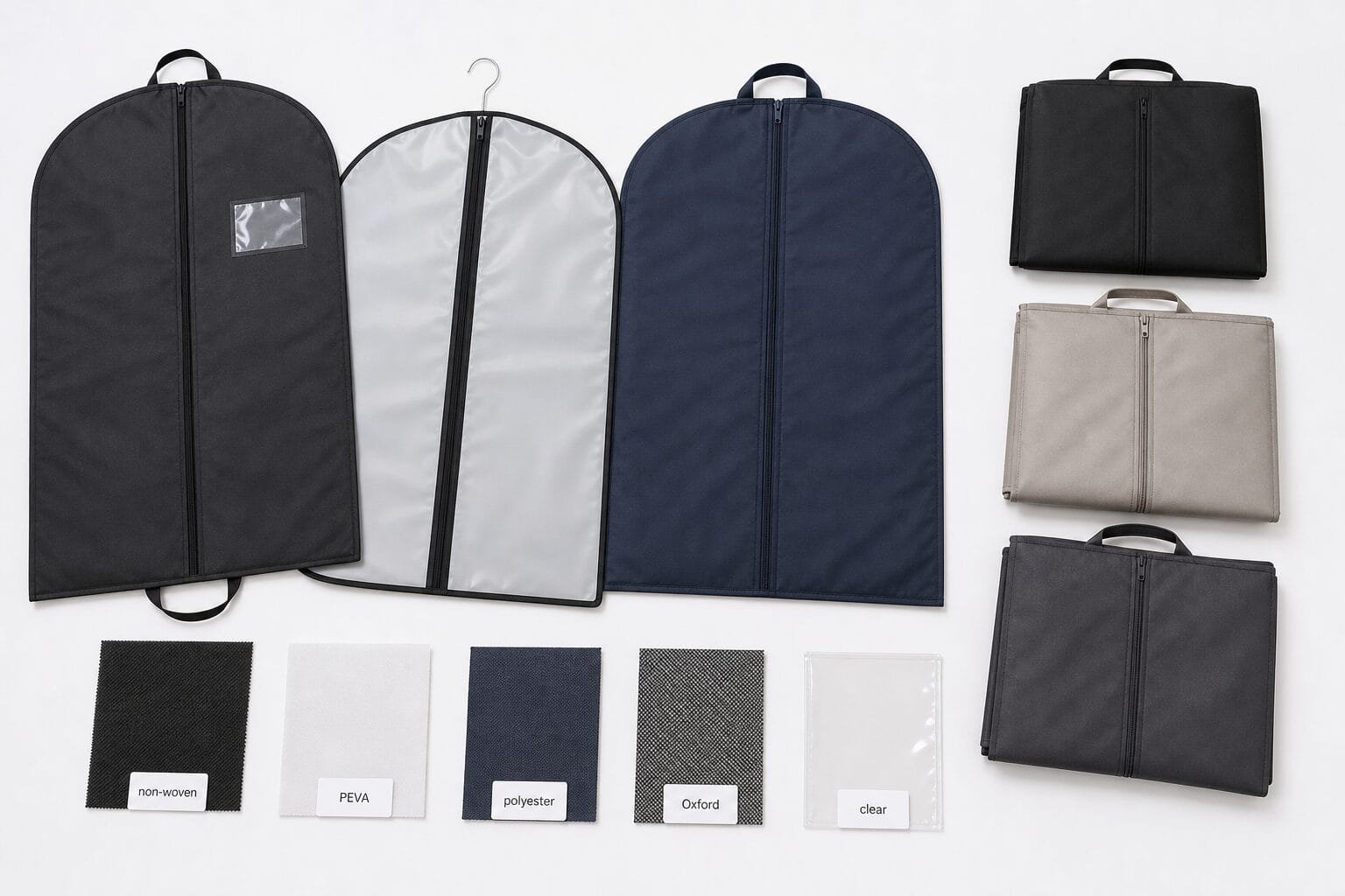 Garment bag material options for wholesale buyers including non-woven, PEVA, polyester, Oxford fabric, and clear plastic.