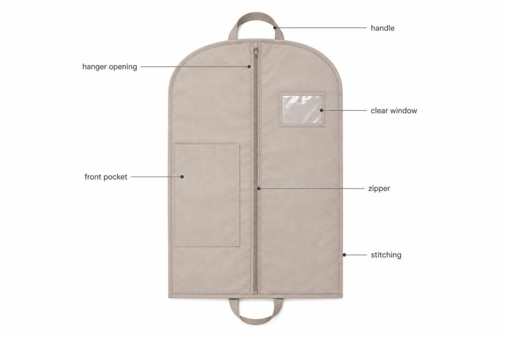 Custom garment bag structure with zipper, hanger opening, handles, pocket, and reinforced stitching.