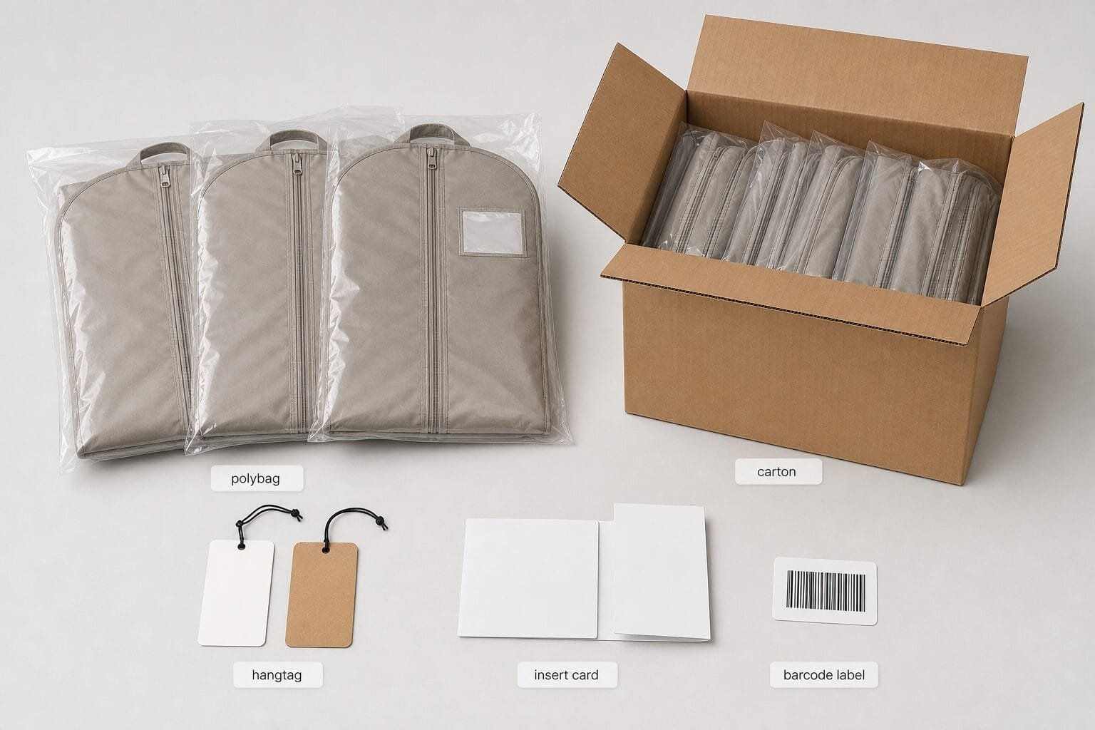 Packaging options for private label and wholesale garment bag orders.