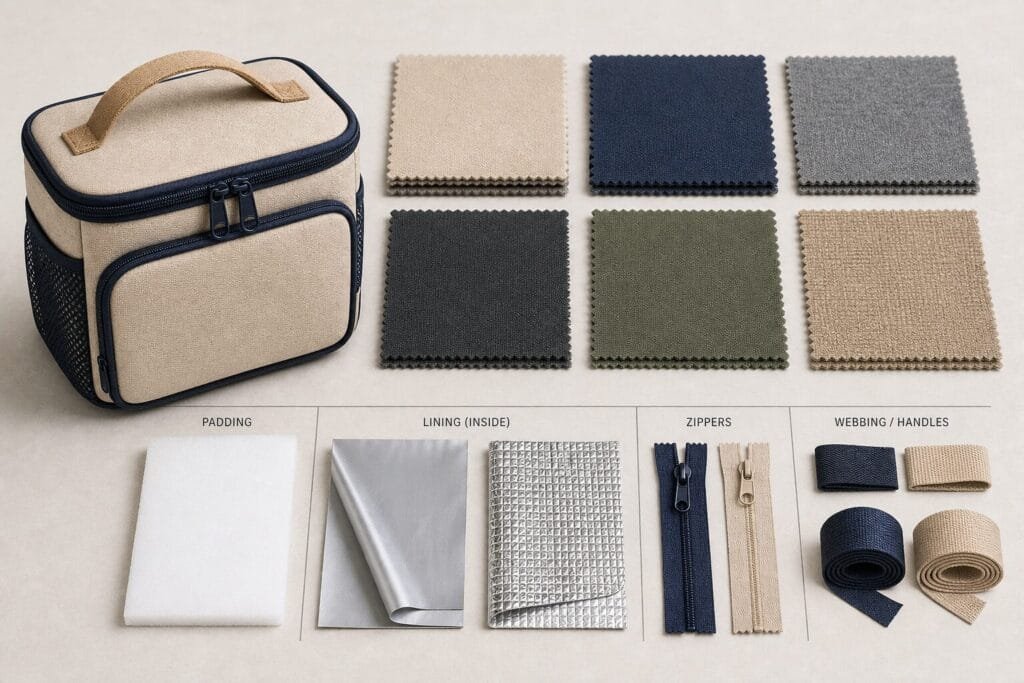 Wholesale lunch bag material and lining options for buyer comparison.