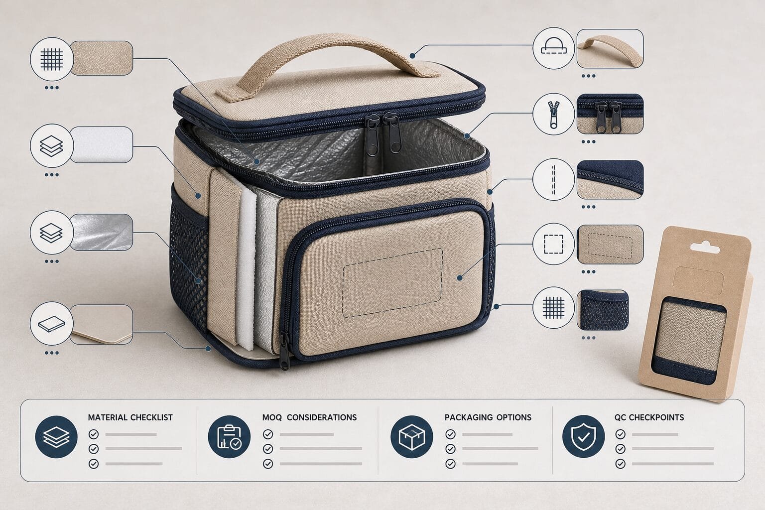 Custom wholesale lunch bag structure diagram with material and logo areas.