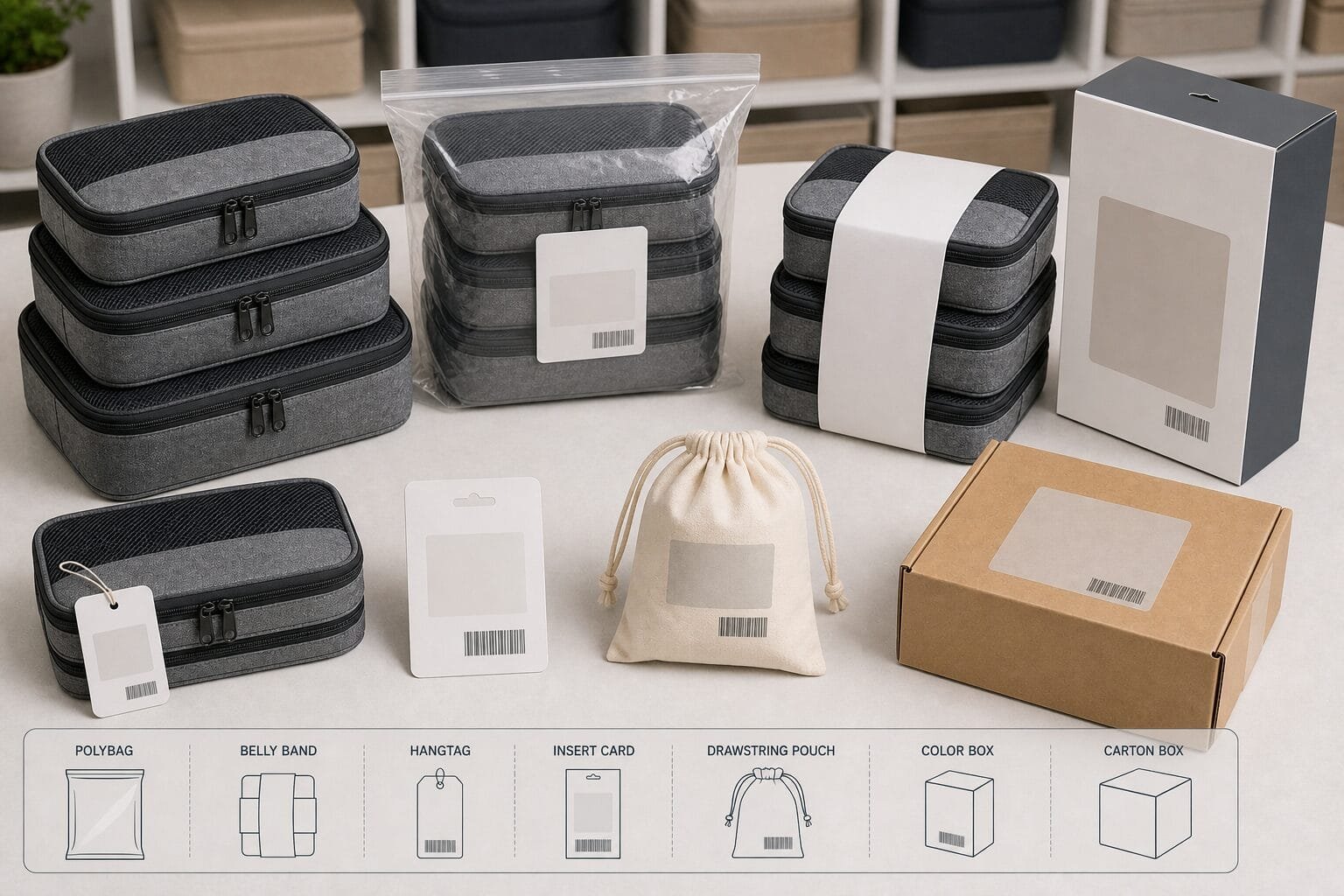 Packaging options for private label packing cube sets.