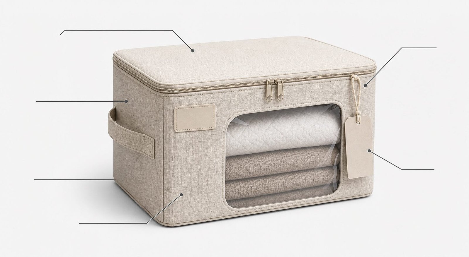 Custom storage bag structure and logo placement options.