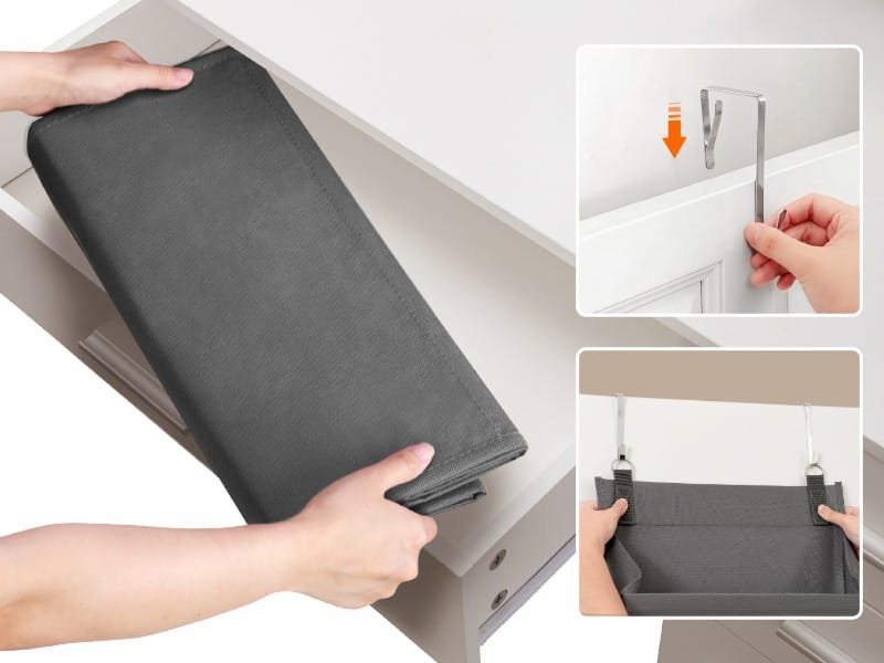 Hanging shoe organizer hook and pocket construction