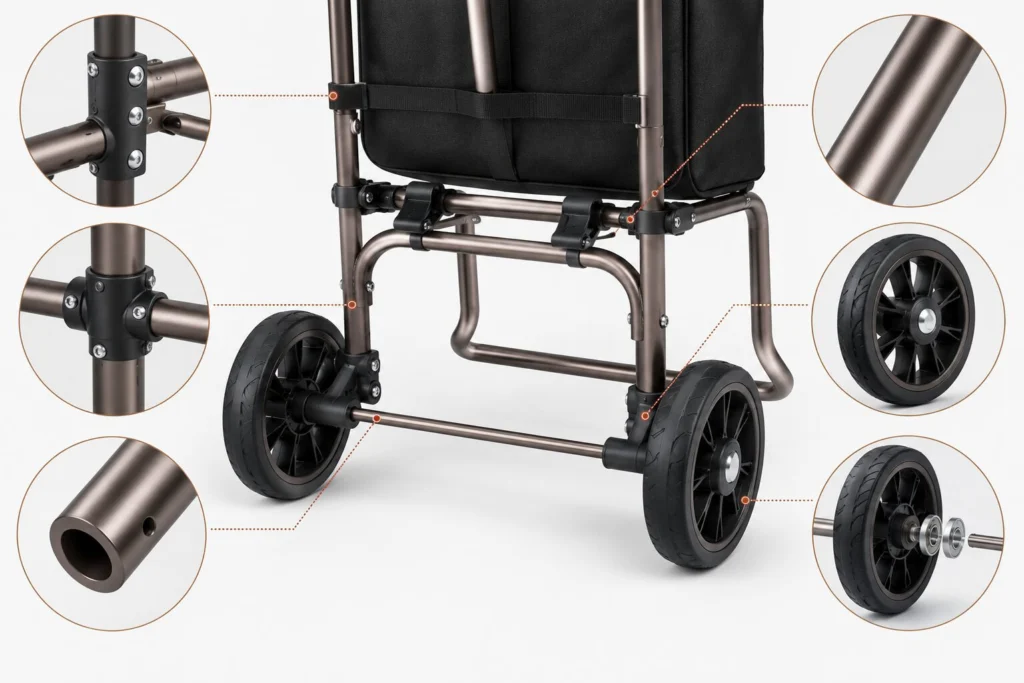 Shopping trolley frame, wheels and attachment details