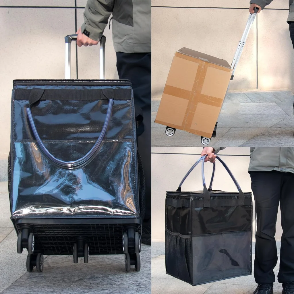 Blue shopping trolley shown on its frame and beside a carry bag