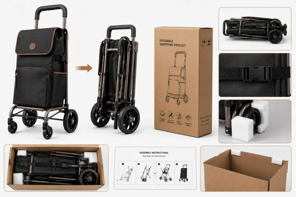 Shopping trolley shown assembled, folded and packed in a carton