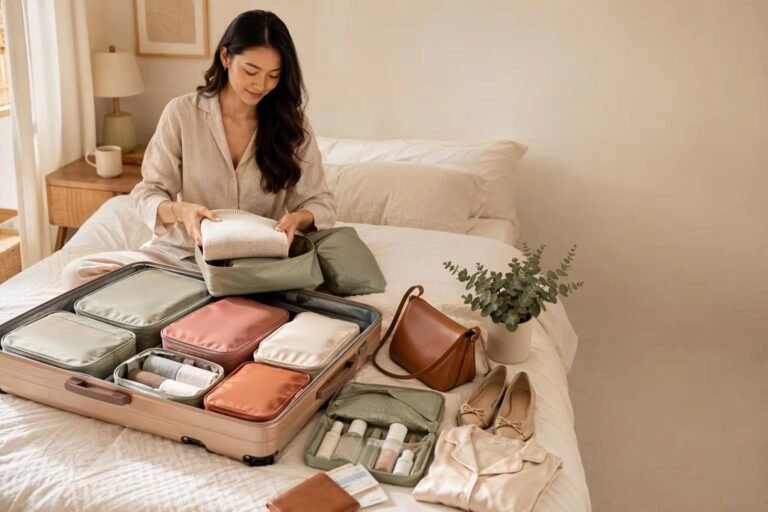 Traveler arranging packing cubes in an open suitcase