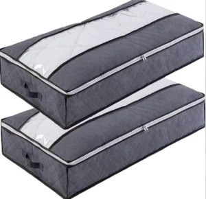 Stacked gray zippered storage bags with clear viewing panels