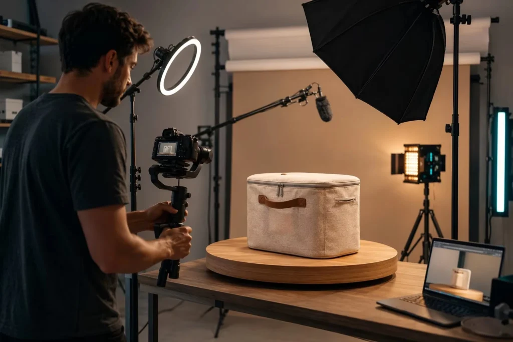 Storage product being photographed in a studio