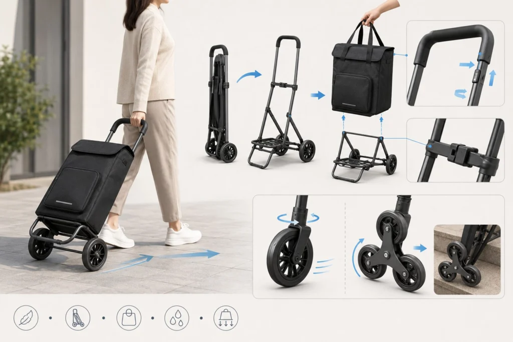 Shopping trolley frame, bag and wheel configurations