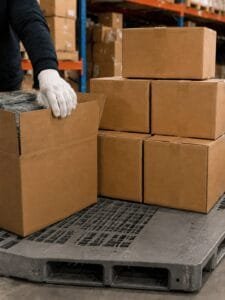 Shipping cartons stacked on a warehouse pallet
