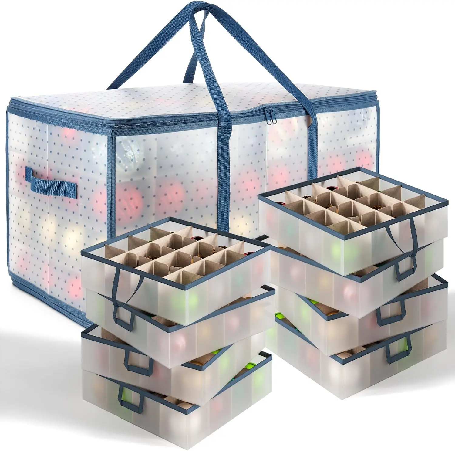 Clear ornament storage bag with removable divided trays