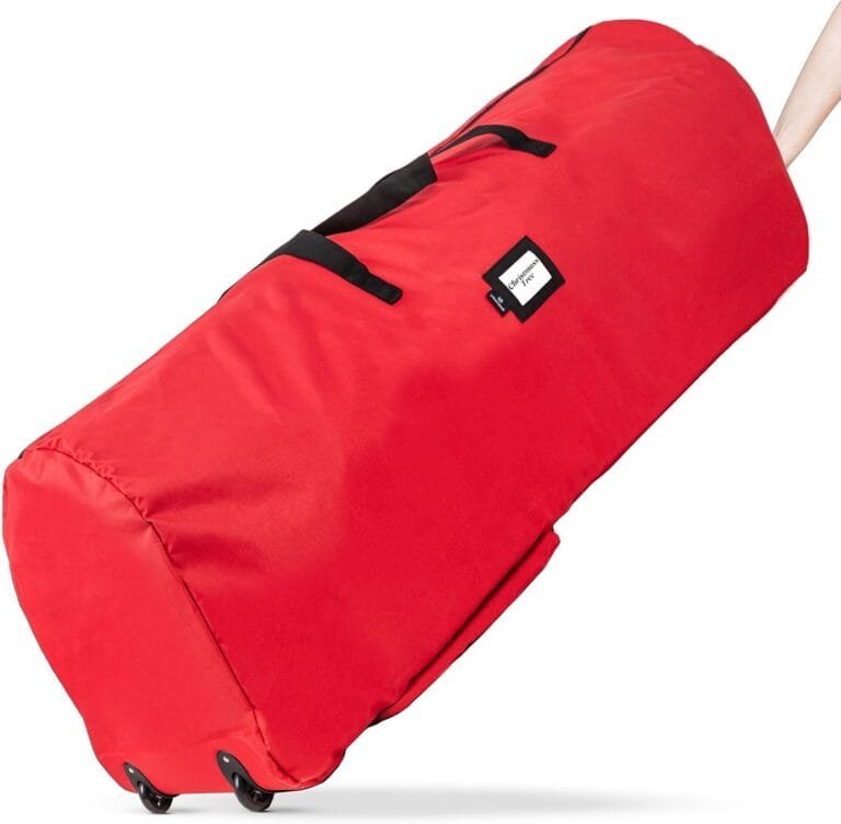 Long red Christmas tree storage bag with black carrying handles