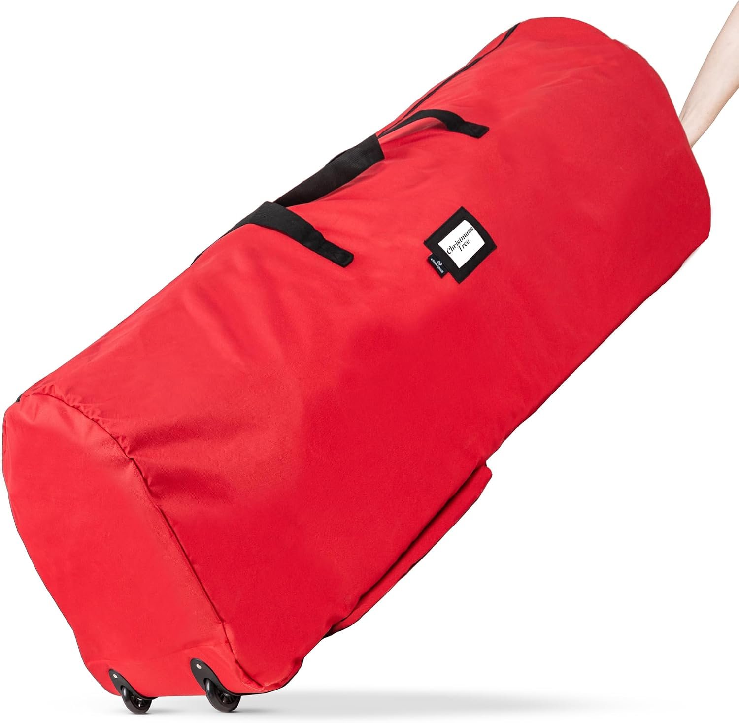 Long red Christmas tree storage bag with black carrying handles