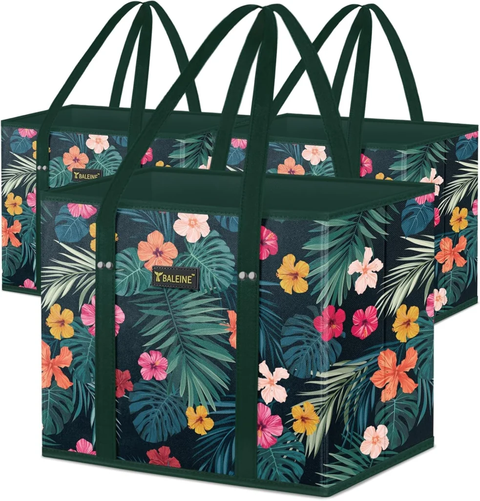 Floral grocery tote with an open top and long handles