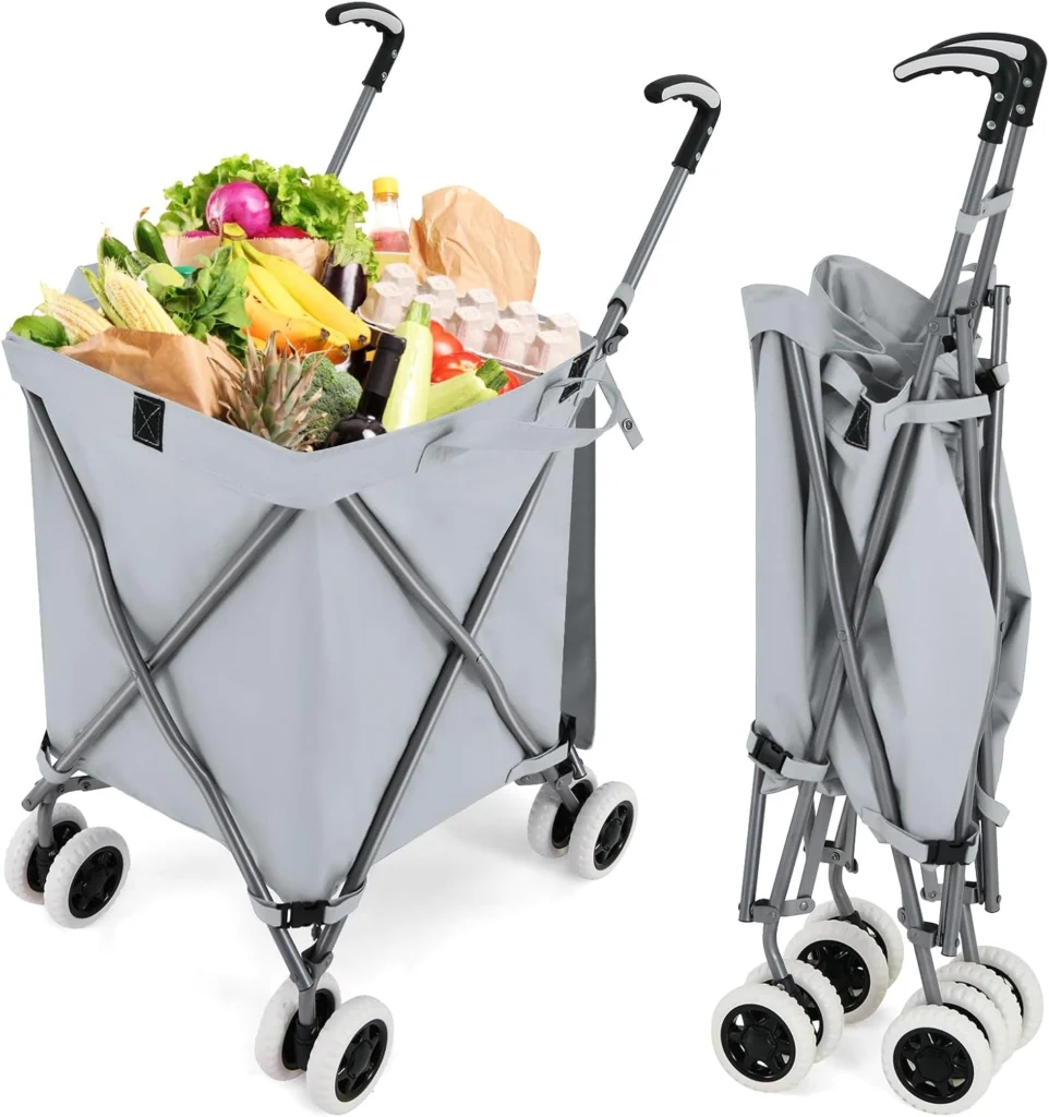 Folding shopping cart shown open and folded