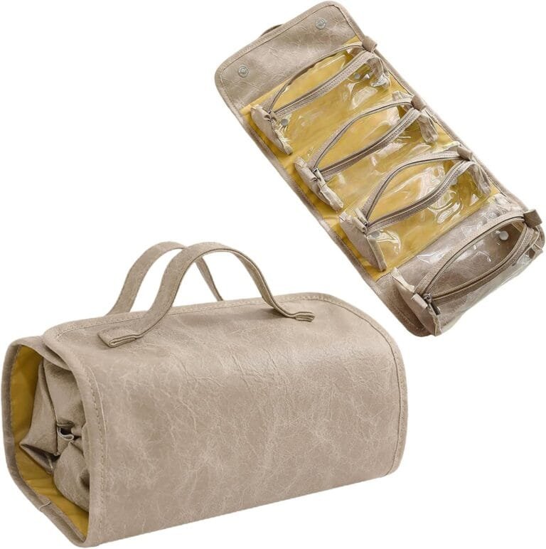 Beige makeup bag shown closed and opened flat