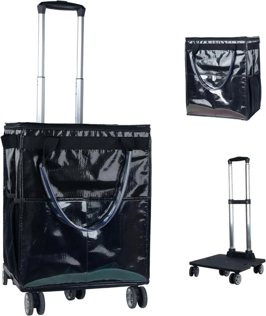 Shopping bag and wheeled trolley frame shown separately